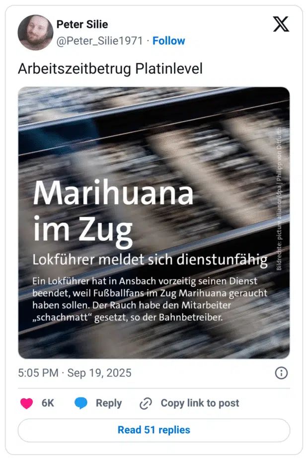 Marihuana im Zug Lokführer meldet sich dienstunfähig Ein Lokführer hat in Ansbach vorzeitig seinen Dienst beendet, weil Fußballfans im Zug Marihuana geraucht haben sollen. Der Rauch habe den Mitarbeiter „schachmatt" gesetzt, so der Bahnbetreiber
