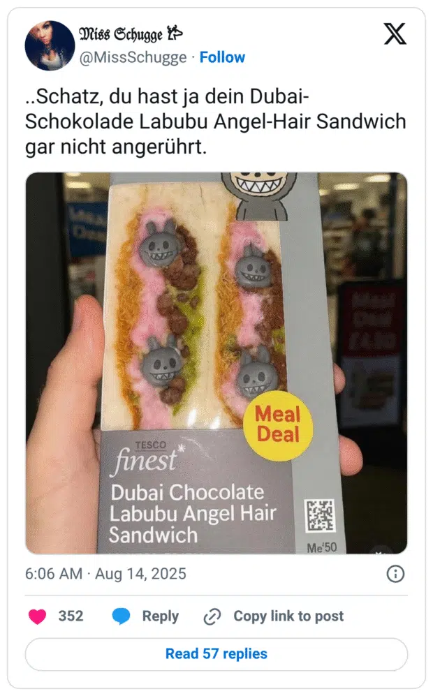 ..Schatz, du hast ja dein Dubai-Schokolade Labubu Angel-Hair Sandwich gar nicht angerührt.
