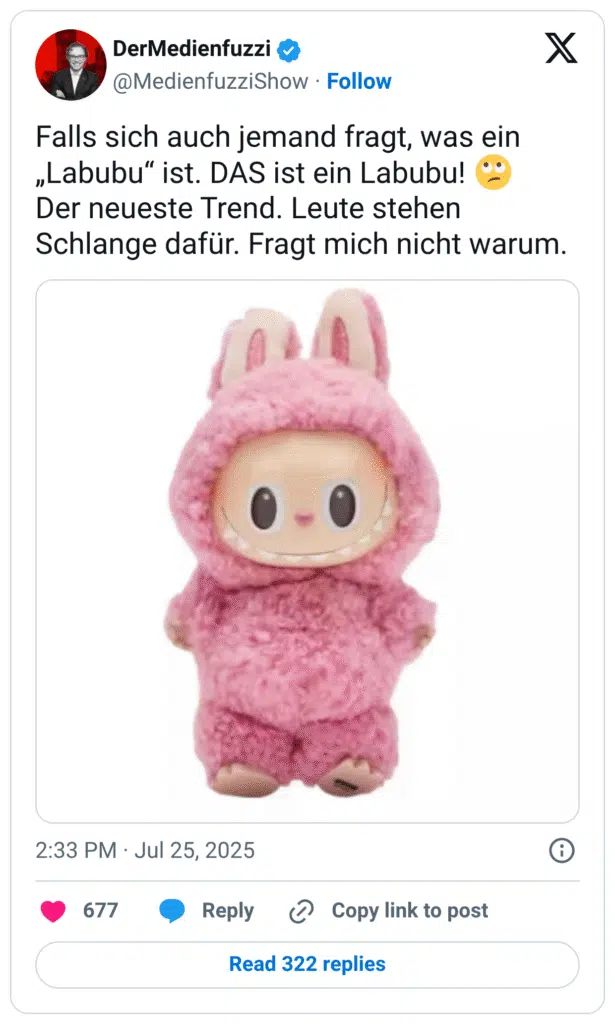 Falls sich auch jemand fragt, was ein „Labubu“ ist. DAS ist ein Labubu! 🙄 Der neueste Trend. Leute stehen Schlange dafür. Fragt mich nicht warum.