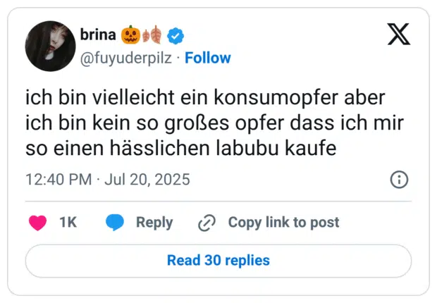 ich bin vielleicht ein konsumopfer aber ich bin kein so großes opfer dass ich mir so einen hässlichen labubu kaufe
