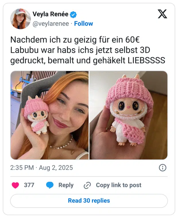 Nachdem ich zu geizig für ein 60€ Labubu war habs ichs jetzt selbst 3D gedruckt, bemalt und gehäkelt LIEBSSSS