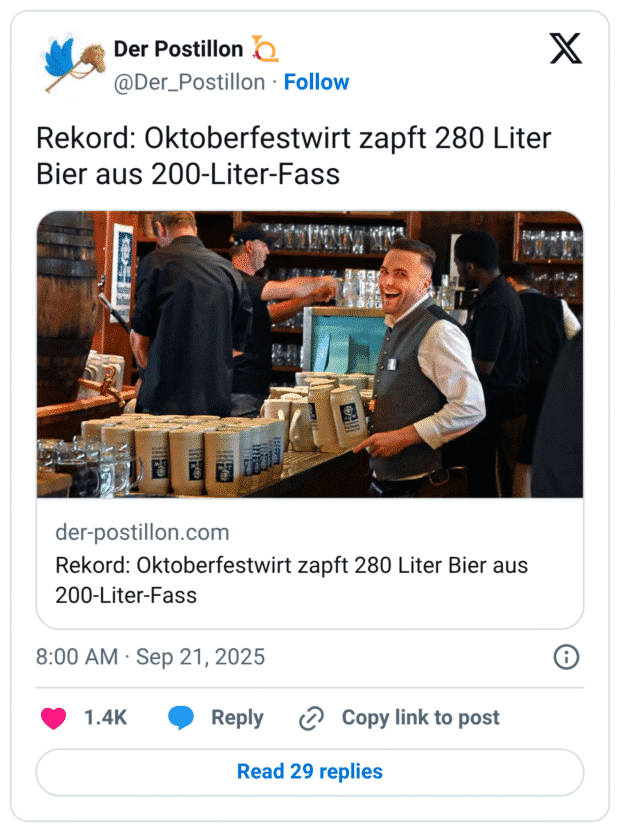 Rekord: Oktoberfestwirt zapft 280 Liter Bier aus 200-Liter-Fass