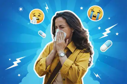 Eine humorvolle Collage zeigt eine Frau, die sich aufgrund ihrer Allergie mit einem Taschentuch die Nase putzt.