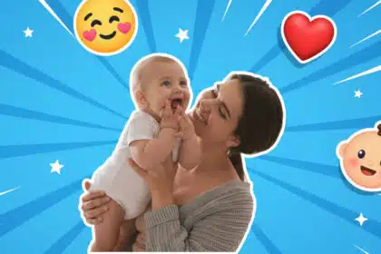 Mutter mit Baby auf dem Arm, umgeben von einem Pop-Art Hintergrund.