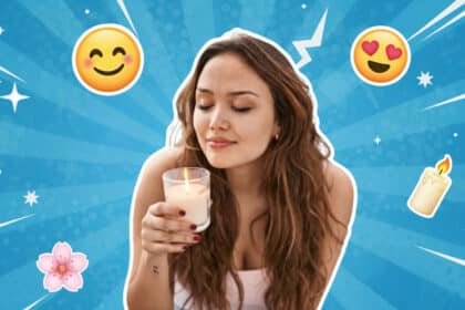 Eine entspannte Frau genießt den Duft einer Kerze, die Augen geschlossen, umgeben von Herzen, lächelnden Emojis, einer Kerze und Blütenblättern im Retro-Comic-Pop-Art-Stil.