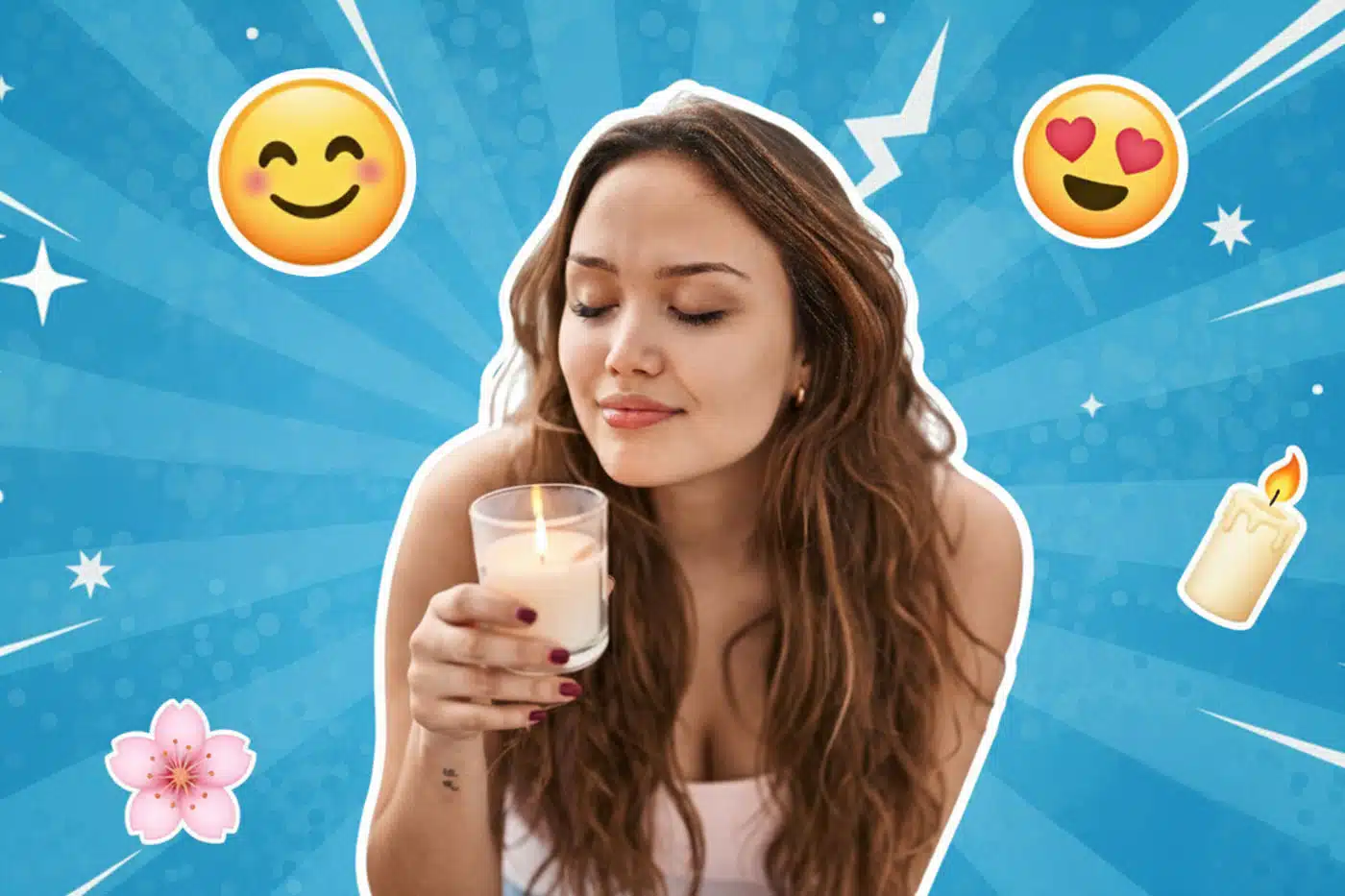 Eine entspannte Frau genießt den Duft einer Kerze, die Augen geschlossen, umgeben von Herzen, lächelnden Emojis, einer Kerze und Blütenblättern im Retro-Comic-Pop-Art-Stil.