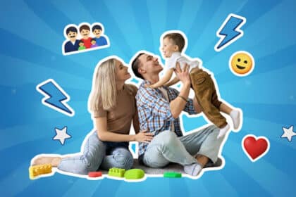ine humorvolle Collage zeigt eine glückliche Familie, die auf dem Boden spielt, umgeben von verspielten Pop-Art-Elementen.