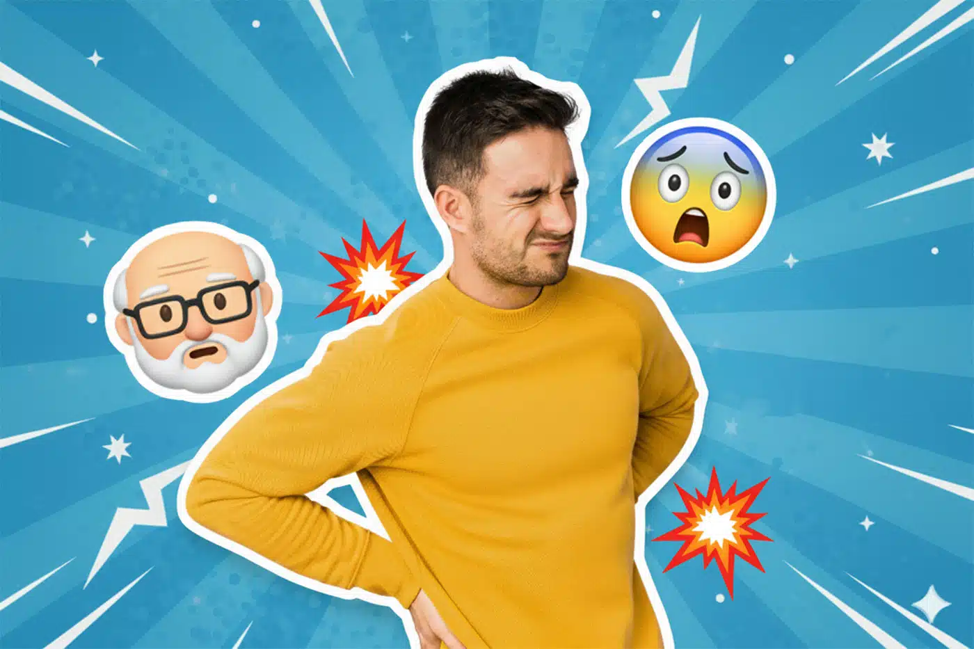 Humorvolle digitale Collage, die einen jungen Mann mit Rückenschmerzen zeigt, umgeben von 3D-Emojis.