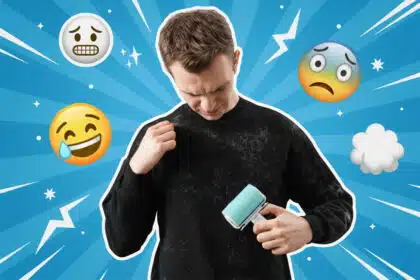 Eine humorvolle Collage zeigt einen Mann, der frustriert versucht, seinen stark verfusselten schwarzen Pullover mit einer Fusselrolle zu reinigen.