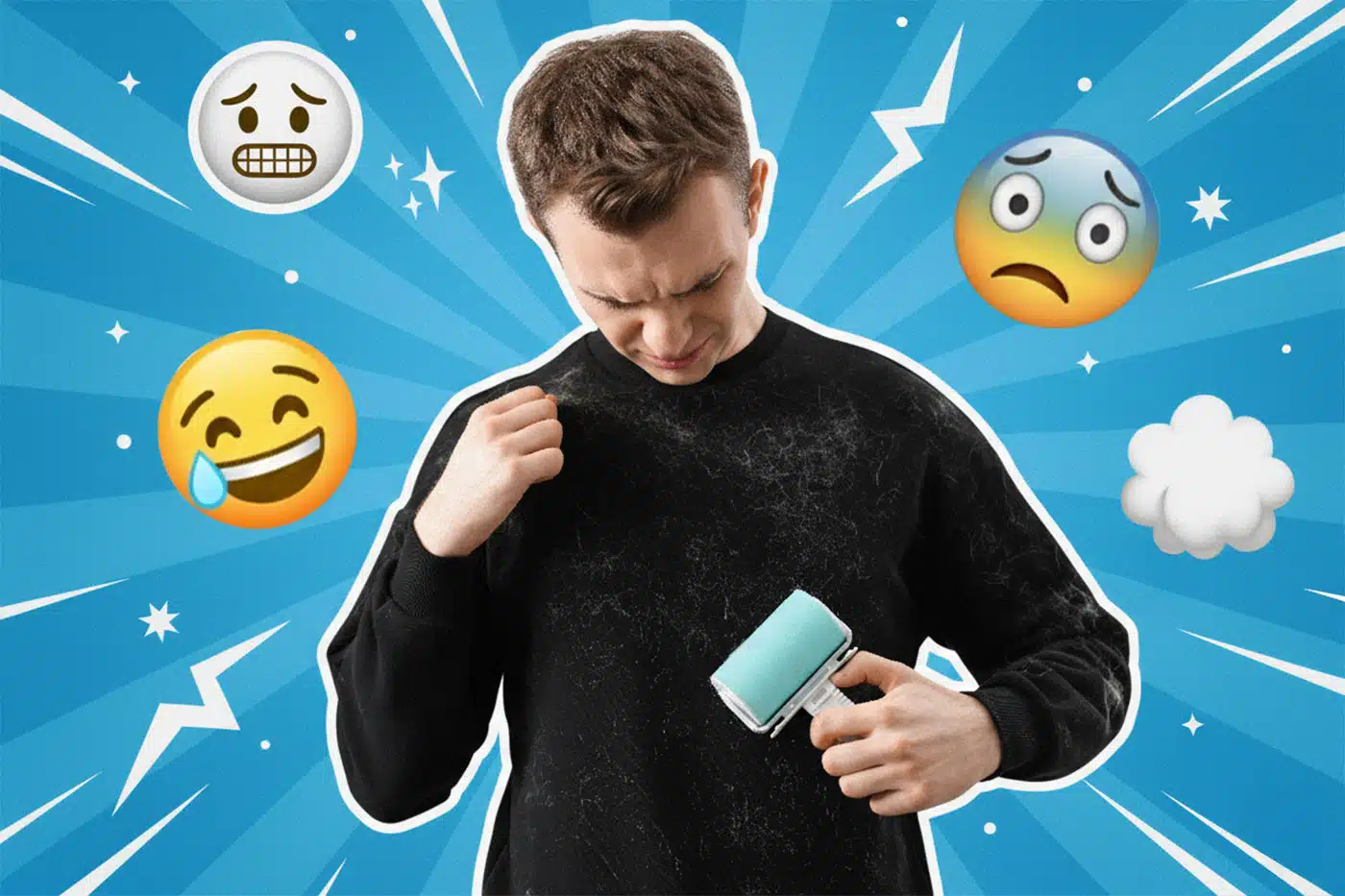 Eine humorvolle Collage zeigt einen Mann, der frustriert versucht, seinen stark verfusselten schwarzen Pullover mit einer Fusselrolle zu reinigen.