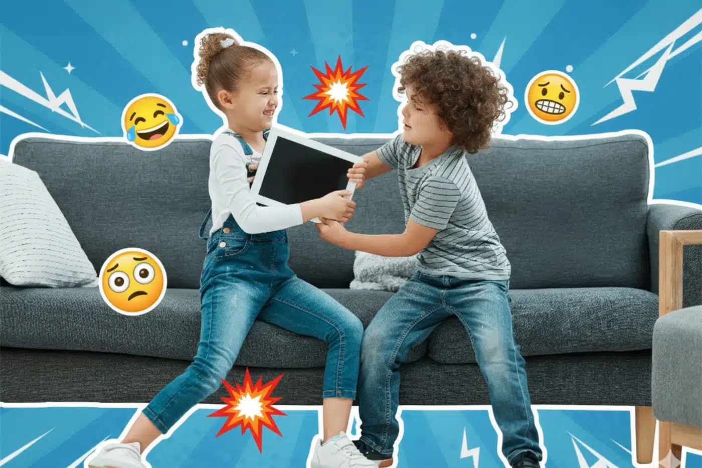 Zwei Kinder kämpfen spielerisch um ein Tablet auf einem Sofa, umgeben von einem Pop-Art-Hintergrund.