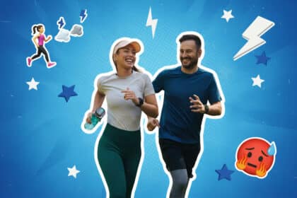 Alt-Text: Humorvolle Collage eines joggenden Paares mit lustigen Emojis (rennende Frau, Schweißgesicht) und Pop-Art-Elementen vor blauem Hintergrund.