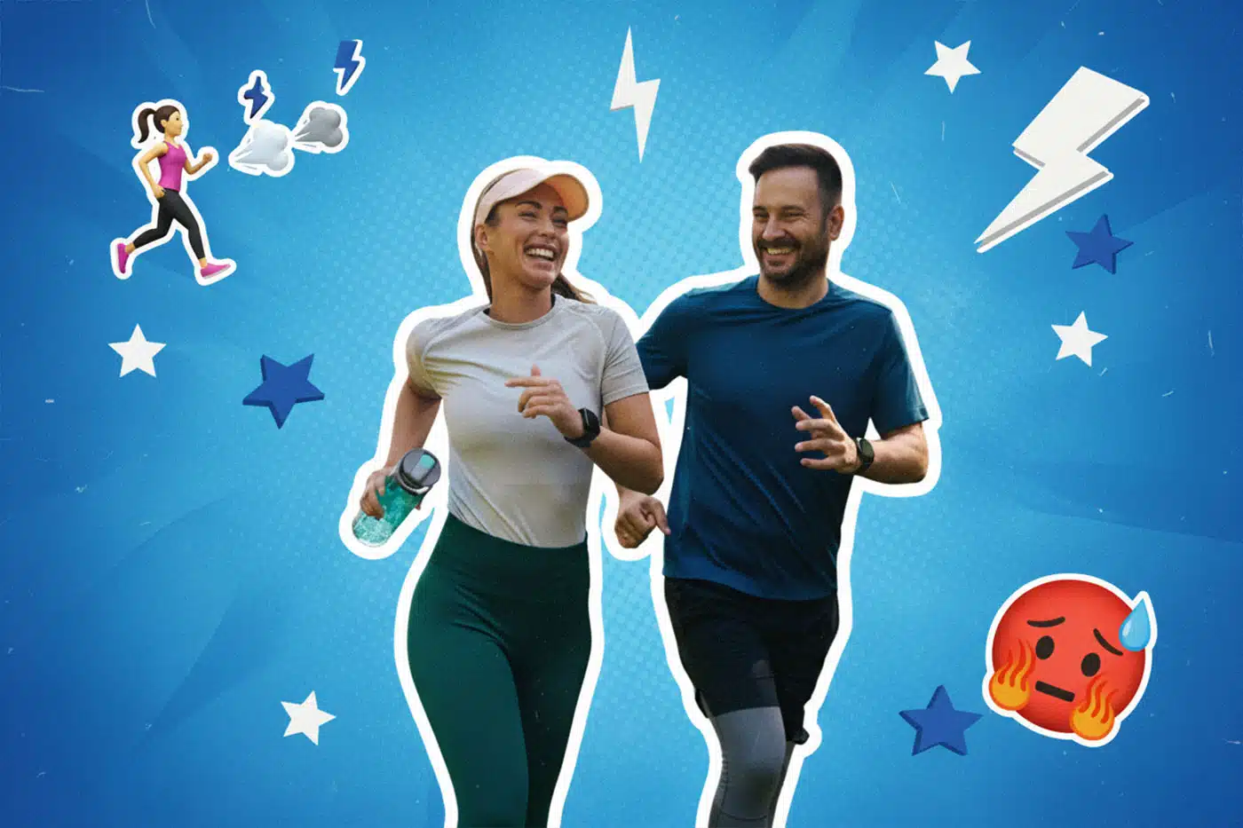 Alt-Text: Humorvolle Collage eines joggenden Paares mit lustigen Emojis (rennende Frau, Schweißgesicht) und Pop-Art-Elementen vor blauem Hintergrund.