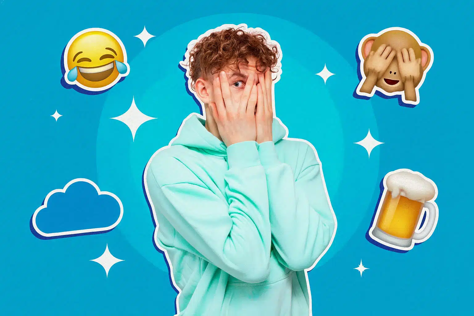 Junge mit Hoodie hält sich erschrocken das Gesicht, während um ihn herum ein lachendes Emoji, ein Affe-Emoji, ein Bierkrug und eine blaue Wolke schweben. Weiße Sterne funkeln vor blauem Verlaufshintergrund.