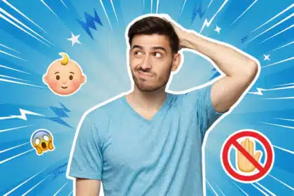 Ein junger Mann mit Bart und blauem T-Shirt kratzt sich nachdenklich am Kopf und blickt fragend zur Seite, vor einem leuchtend blauen Hintergrund im Pop-Art-Stil.