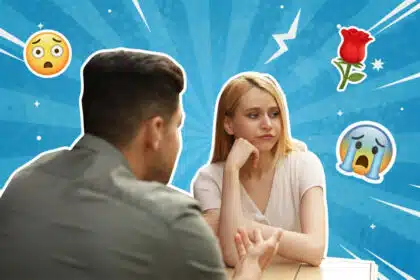 Eine genervte Frau und ein Mann, die gerade auf einem Date sind, umgeben von einem Pop-Art Hintergrund.