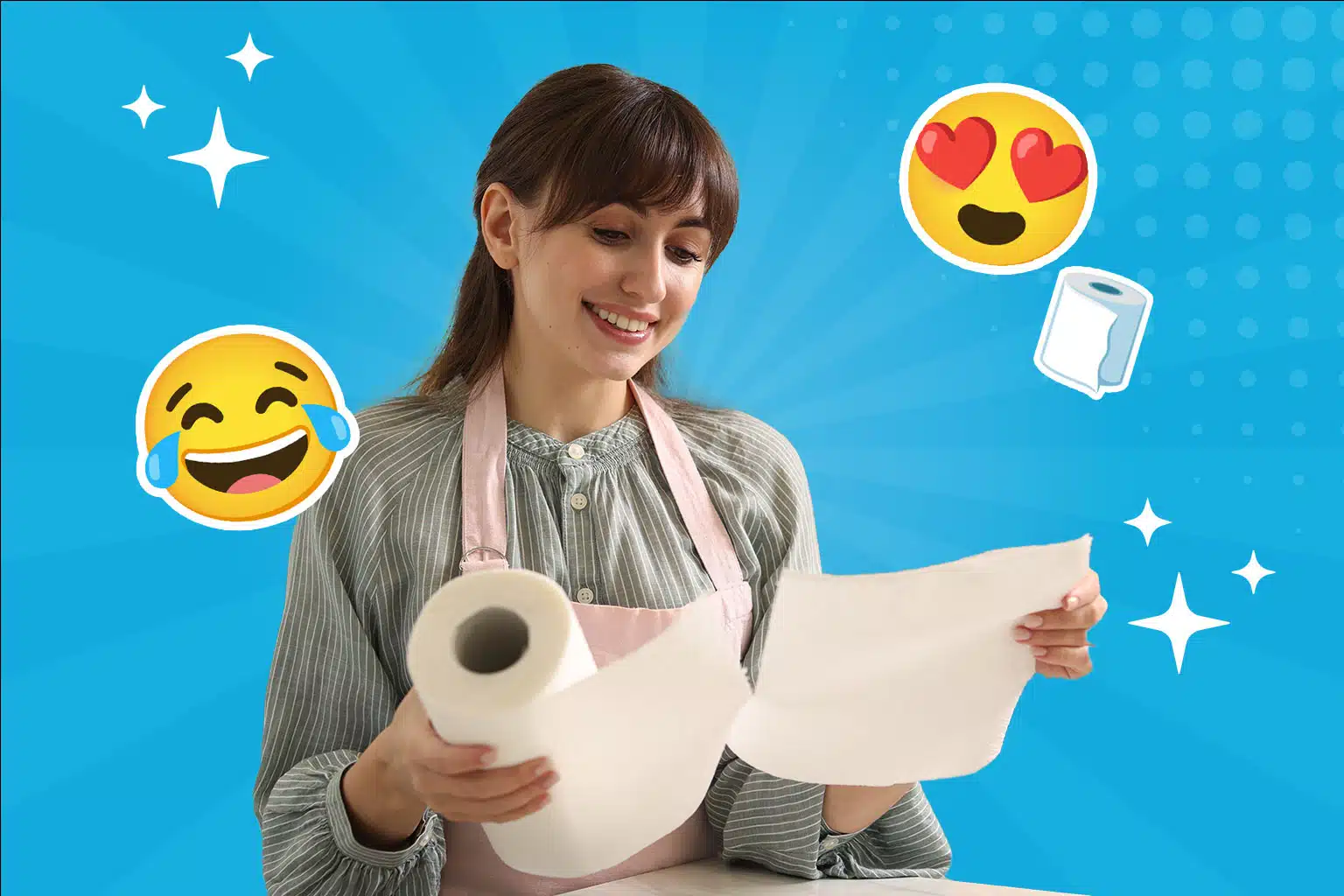 Frau hält glücklich eine Küchenrolle in der Hand, umgeben von einem blauen Retro Pop-art Hintergrund.