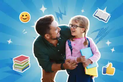 in glücklicher Vater und seine lächelnde Tochter, die Brille und einen Rucksack trägt und Bücher hält, stehen vor einem dynamischen, blauen Pop-Art-Hintergrund.