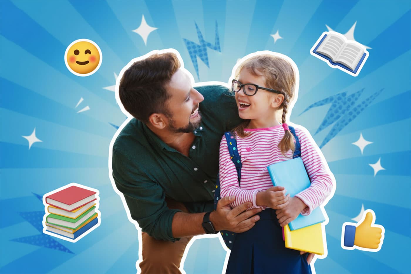in glücklicher Vater und seine lächelnde Tochter, die Brille und einen Rucksack trägt und Bücher hält, stehen vor einem dynamischen, blauen Pop-Art-Hintergrund.