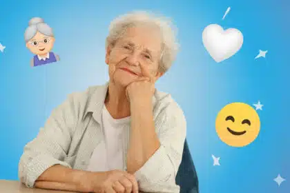 Humorvolle digitale Collage, die eine nachdenkliche und lächelnde Oma zeigt.