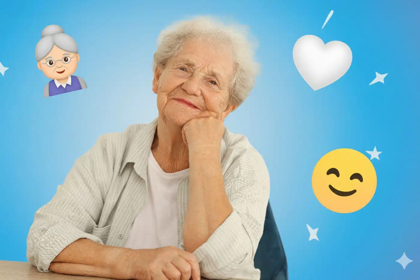 Humorvolle digitale Collage, die eine nachdenkliche und lächelnde Oma zeigt.