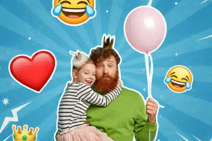 Humorvolle digitale Collage, die einen Papa mit seiner Tochter auf dem Arm und Krone auf dem Kopf, umgeben von 3D-Emojis.