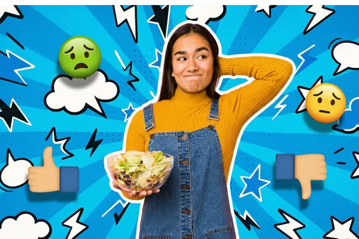 Eine junge Frau mit langen dunklen Haaren, gelbem Rollkragenpullover und Latzhose hält eine Salatschüssel in der Hand und blickt skeptisch zur Seite, während sie sich am Kopf kratzt.