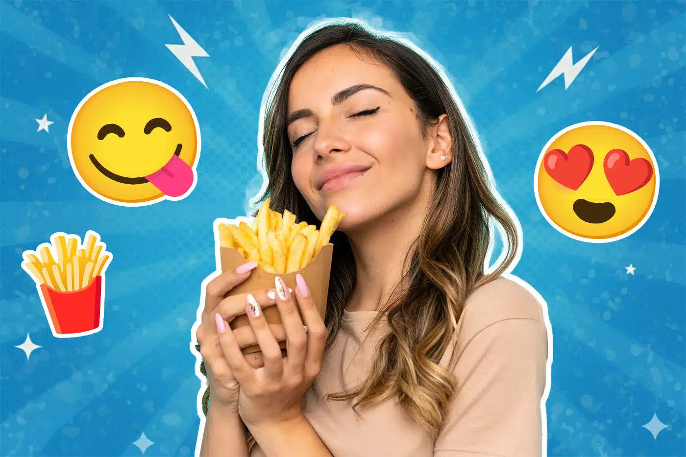 Eine junge Frau hält glücklich eine Portion Pommes in den Händen und schließt genüsslich die Augen; im Hintergrund sind Emojis mit Herzaugen, heraushängender Zunge und Pommes-Symbol auf blauem, grafischem Hintergrund zu sehen.