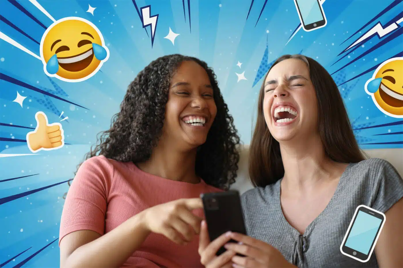 Zwei Frauen lachen ganz arg, während sie aufs Handy schauen, umgeben von einem Pop-Art Hintergrund.