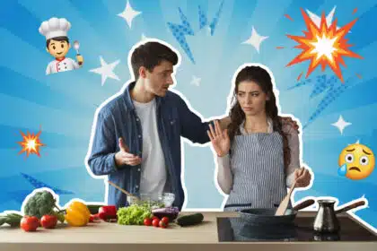 in Mann und eine Frau streiten sich in einer Küche mit einem dynamischen, Pop-Art-Hintergrund.