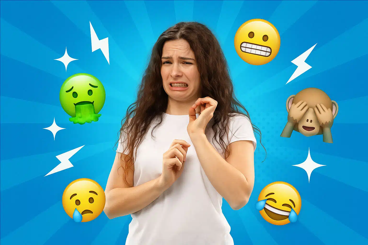 Eine digitale Collage zeigt eine Frau mit langen dunklen Locken und angewidertem Gesichtsausdruck. Um sie herum schweben bunte 3D-Emojis wie ein kotzendes Gesicht, ein Affe mit verdeckten Augen, ein nervös grinsendes Gesicht, ein weinendes Gesicht und ein lachendes Gesicht mit Tränen. Im Hintergrund ein blauer radialer Farbverlauf mit weißen Comic-Blitzen und Sternen. Humorvoll und übertrieben dargestellt, als ob die Frau von lauter „Icks“ und peinlichen Situationen umgeben ist.