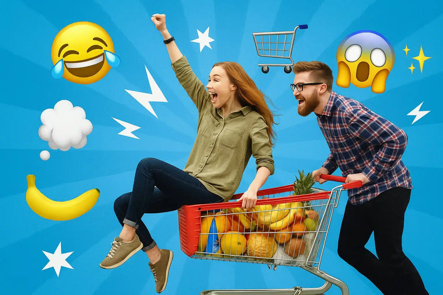 Ein Mann schiebt lachend eine Frau in einem Einkaufswagen voller Obst durch eine blaue Comic-Collage. Um sie herum schweben bunte Emojis wie ein lachendes Gesicht mit Freudentränen, eine Banane, ein Einkaufswagen und ein erschrockenes Gesicht. Weiße Blitze und Sterne verstärken den spielerischen, surrealen Pop-Art-Stil.