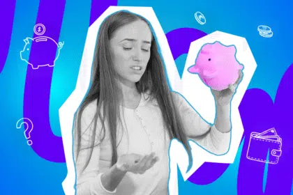 Pop-Art-Illustration einer jungen Frau mit besorgtem Blick auf die leere Hand, während sie eine pinke Sparschweinfigur hält, mit minimalistischen Icons, die Geld darstellen (z.B. Sparschwein, Münzen, Geldbeutel). Schwarz-Weiß-Gesicht und bunter Hintergrund. Ideal für Beiträge über Geldsorgen, Finanzen, Sparen, Luxuswünsche und den Umgang mit begrenztem Budget.