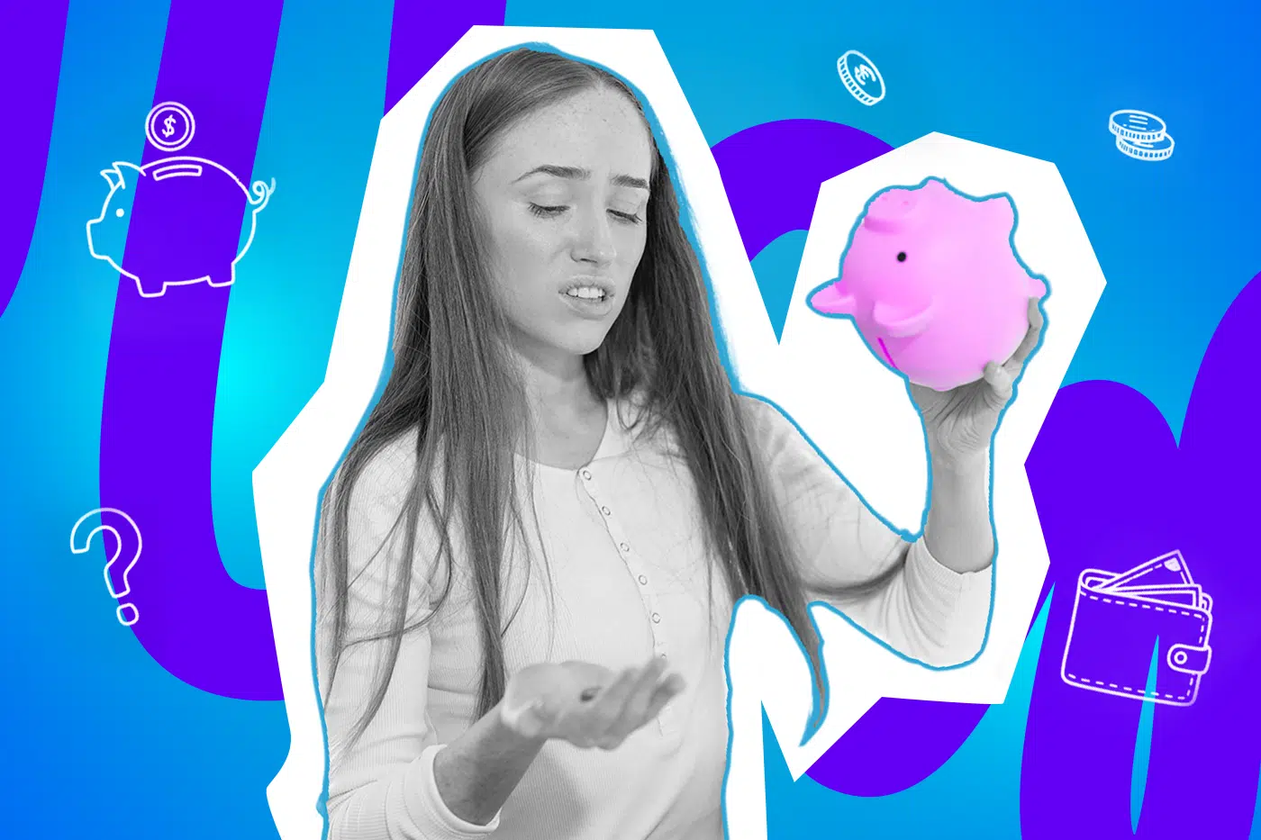 Pop-Art-Illustration einer jungen Frau mit besorgtem Blick auf die leere Hand, während sie eine pinke Sparschweinfigur hält, mit minimalistischen Icons, die Geld darstellen (z.B. Sparschwein, Münzen, Geldbeutel). Schwarz-Weiß-Gesicht und bunter Hintergrund. Ideal für Beiträge über Geldsorgen, Finanzen, Sparen, Luxuswünsche und den Umgang mit begrenztem Budget.