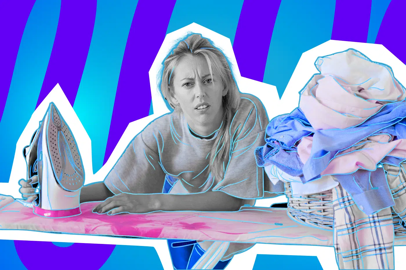 Pop-Art-Illustration einer Frau, die mit einem Bügeleisen und einem Berg zerknitterter Wäsche kämpft. Schwarz-Weiß-Haut und bunte Umrandungen. Ideal für Beiträge über Haushaltstipps, Bügeln, Faulheit, Kleidungspflege und humorvolle Alltagsanekdoten.