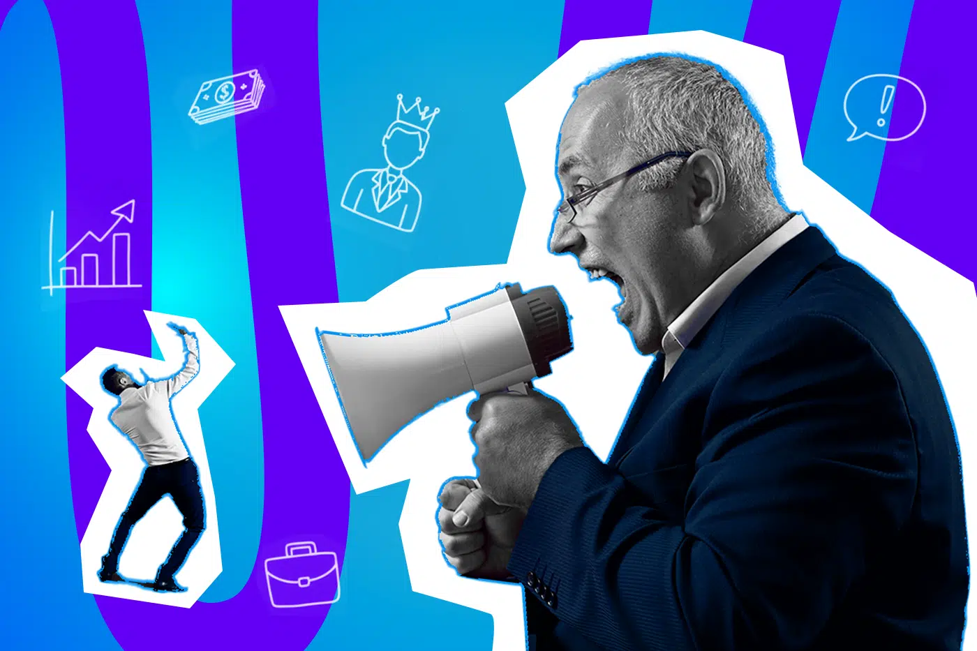 Pop-Art-Illustration eines brüllenden Chefs mit Megafon und eines gestressten Mitarbeiters, umgeben von Icons wie Geld, Krone, Aktentasche, Sprechblase und Wachstumsdiagramm. Schwarz-Weiß-Gesicht und bunter Hintergrund. Ideal für Beiträge über Chefs, Arbeitsalltag, Führungskräfte, Bürohumor und Hierarchien.