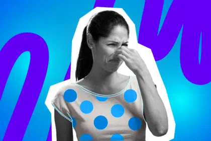 Pop-Art-Illustration einer Frau, die auf einen unangenehmen Geruch reagiert (Deo-Versagen oder Achselgeruch). Schwarz-Weiß-Haut und buntes, gepunktetes Oberteil. Relevant für Themen wie Deo, Körperpflege, Sommergerüche und Nahverkehr.