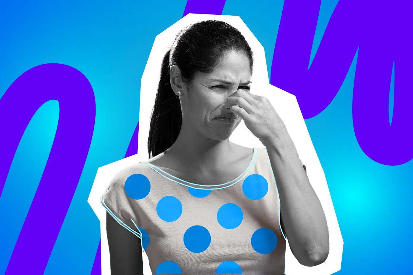 Pop-Art-Illustration einer Frau, die auf einen unangenehmen Geruch reagiert (Deo-Versagen oder Achselgeruch). Schwarz-Weiß-Haut und buntes, gepunktetes Oberteil. Relevant für Themen wie Deo, Körperpflege, Sommergerüche und Nahverkehr.