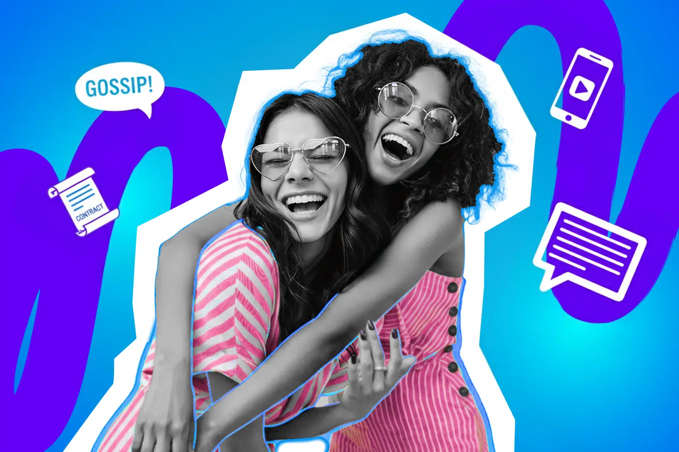 Pop-Art-Illustration von zwei lachenden Freundinnen, die sich umarmen und herzförmige Sonnenbrillen tragen. Schwarz-Weiß-Haut und bunte, gestreifte Kleidung. Ideal für Beiträge über Freundschaft, Beziehung, Insider-Witze, Vertrauen und gemeinsame Erlebnisse.