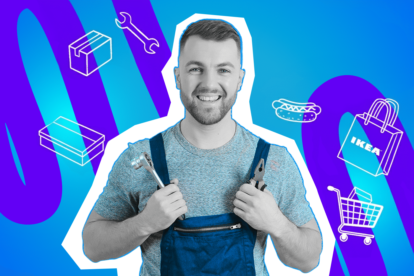 Pop-Art-Illustration eines glücklichen Mannes in Arbeitskleidung mit Werkzeug, umgeben von minimalistischen Icons (IKEA-Tasche, Einkaufswagen, Hotdog, Werkzeug). Schwarz-Weiß-Haut und blauer Hintergrund. Ideal für Beiträge über IKEA, Menschenmengen, DIY, Einkaufserlebnisse und humorvolle Alltagsbeobachtungen.