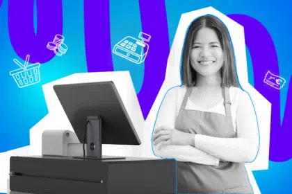 Pop-Art-Illustration einer freundlichen Kassiererin im Supermarkt, umgeben von minimalistischen Icons (Einkaufskorb, Kasse, Münzen, Gutschein). Schwarz-Weiß-Haut und bunter Hintergrund. Ideal für Beiträge über Einzelhandel, Kundenservice, Supermarkt-Erlebnisse, Arbeitsalltag und humorvolle Anekdoten aus dem Verkaufsleben.