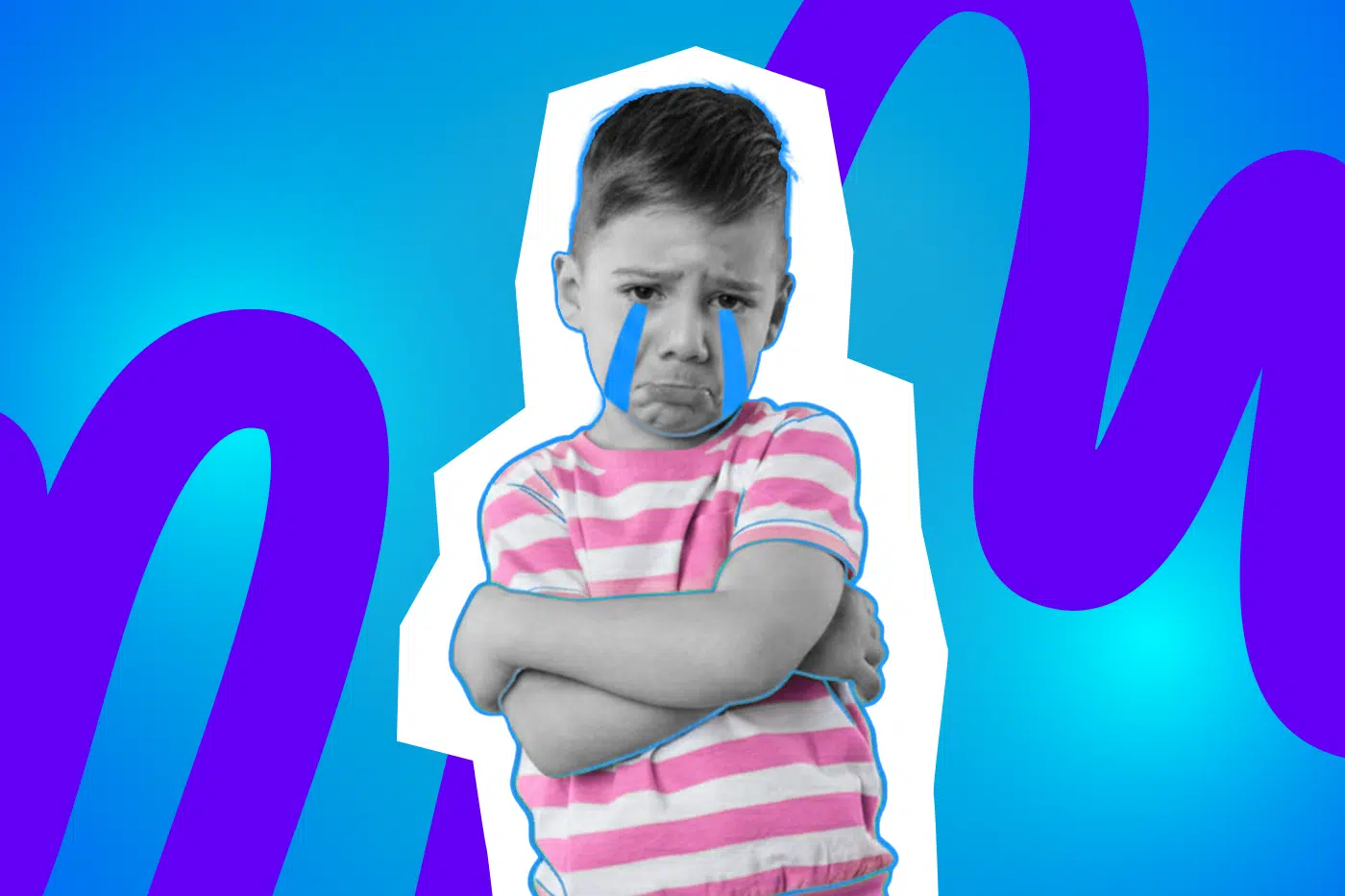 Pop-Art-Illustration eines weinenden Jungen, der einen kindlichen Wutanfall oder Meltdown darstellt. Schwarz-Weiß-Haut und buntes, gestreiftes Oberteil mit blauen Tränen. Ideal für Beiträge über Kindererziehung, Elterntipps, kindliches Verhalten und Humor im Familienalltag.