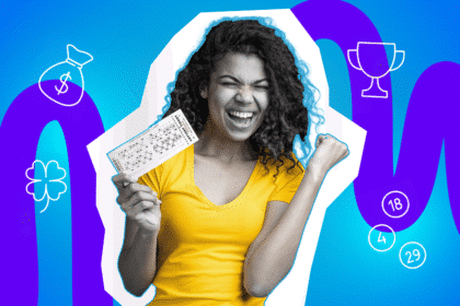 Pop-Art-Illustration einer jungen Frau mit einem Lotto Schein in der Hand, die lächelt. Umgeben von minimalistischen Icons wie Geld, Lotto Zahlen, Kleeblatt, und Trophäe. Schwarz-Weiß-Gesicht und bunter Hintergrund. Ideal für Beiträge über die besten Geschichten übers Lottospielen.