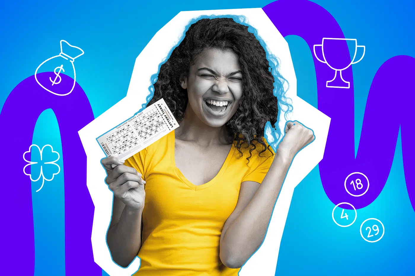 Pop-Art-Illustration einer jungen Frau mit einem Lotto Schein in der Hand, die lächelt. Umgeben von minimalistischen Icons wie Geld, Lotto Zahlen, Kleeblatt, und Trophäe. Schwarz-Weiß-Gesicht und bunter Hintergrund. Ideal für Beiträge über die besten Geschichten übers Lottospielen.