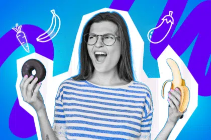 Pop-Art-Illustration einer Frau, die angesichts eines Donuts und einer Banane einen überraschten oder verwirrten Ausdruck hat. Schwarz-Weiß-Haut, gestreiftes Oberteil und Vektor-Gemüse-Symbole im Hintergrund. Ideal für Beiträge über humorvolle Zweideutigkeiten, Wortspiele, pubertären Humor und lustige Fundstücke.