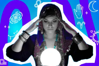 Pop-Art-Illustration einer Wahrsagerin, die in eine Kristallkugel blickt. Umgeben von minimalistischen Icons wie Planeten, Sternen, und Sternbildern. Schwarz-Weiß-Gesicht und bunter Hintergrund. Ideal für Beiträge über Horoskope, Sternzeichen, Astrologie, Persönlichkeit und Humor.