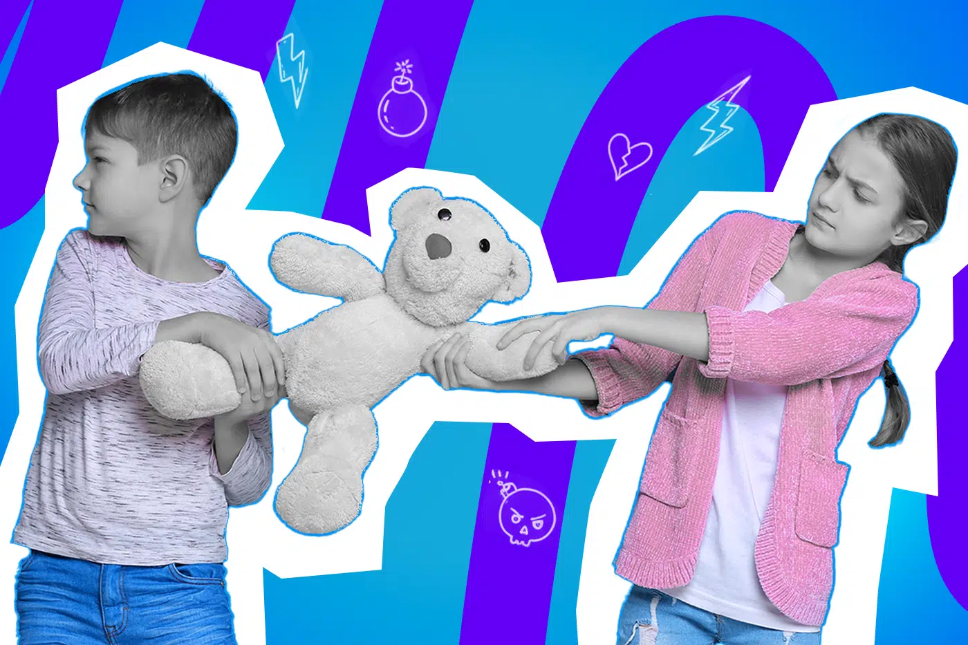 Pop-Art-Illustration von zwei Kindern, die sich um ein Stofftier zanken, umgeben von Icons wie Blitz, Bombe und gebrochenem Herzen. Schwarz-Weiß-Haut und bunter Hintergrund. Ideal für Beiträge über Geschwisterstreit, Familienkonflikte, Kindererziehung und humorvolle Alltagsanekdoten.