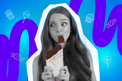 Pop-Art-Illustration einer Frau, die heimlich (oder schuldbewusst) Schokolade isst, umgeben von minimalistischen Icons von Süßigkeiten (Schokolade, Lutscher, Muffin, Bonbon). Schwarz-Weiß-Haut und bunter Hintergrund. Ideal für Beiträge über Süßigkeiten, Heißhunger, Diät, Verführung und kulinarische Genüsse.
