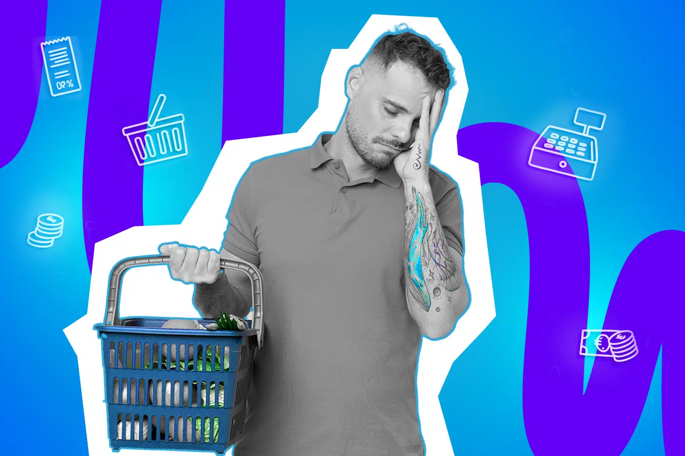 Pop-Art-Illustration eines Mannes, welcher frustriert schaut während er einen Einkaufskorb trägt. Schwarz-Weiß-Gesicht und bunter Einkaufskorb. Umgeben von Icons wie Kasse, Münzen, Einkaufskorb. Ideal für Beiträge über den Supermarkt als Gesellschaftsstudie