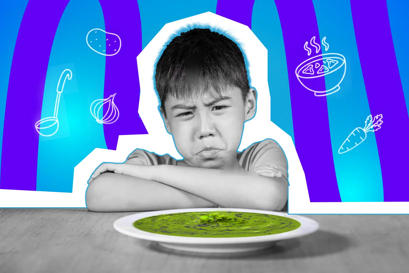 Pop-Art-Illustration eines Kindes, das angewidert Suppe anschaut. Schwarz-Weiß-Gesicht und bunte Suppe. Umgeben von Icons wie Kartoffel, Suppe, Zwiebel. Ideal für Beiträge über Kinder, Teenager und Suppe.